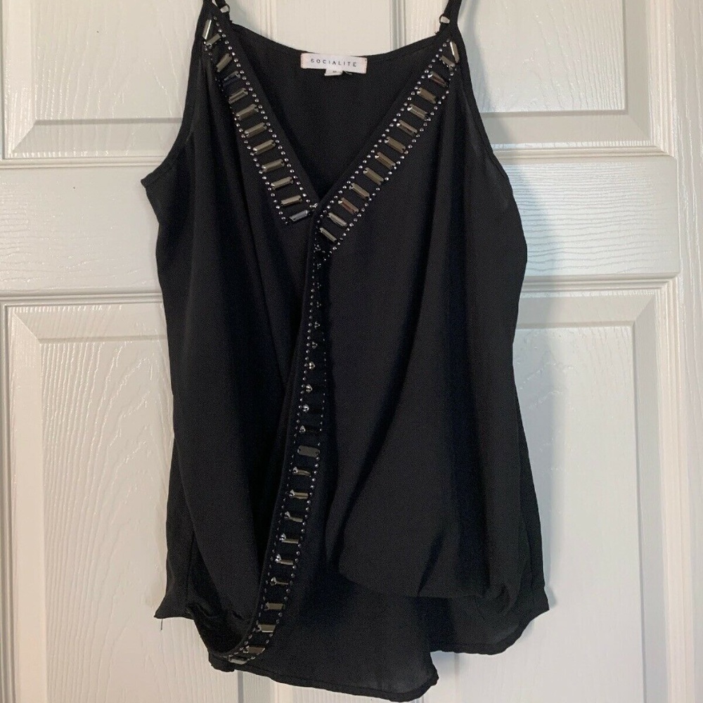 Socialite Black Faux Wrap Embellished Tank